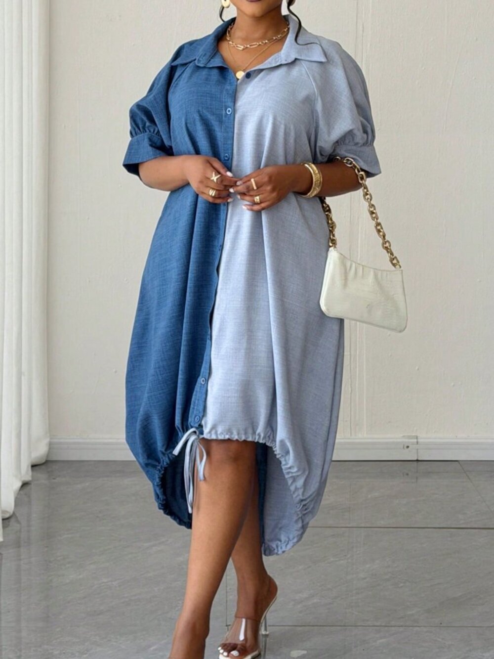 Blue Casual Women's Plus Size  Short Sleeve Single-Breasted Shirt Dress